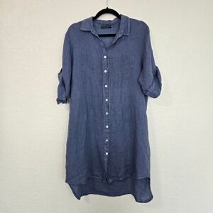 New Collection L Italy 100% Linen Tunic Shirt Blue Roll Tab Sleeve High Low Top